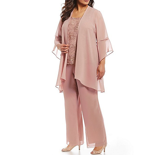 

Two Piece Pantsuit / Jumpsuit Mother of the Bride Dress Elegant Plus Size Jewel Neck Floor Length Chiffon Lace 3/4 Length Sleeve with Appliques 2020