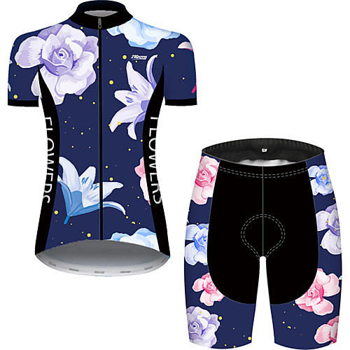 

21Grams Women's Short Sleeve Cycling Jersey with Shorts Black / Blue Floral Botanical Bike Clothing Suit Breathable 3D Pad Quick Dry Ultraviolet Resistant Reflective Strips Sports Patterned Mountain