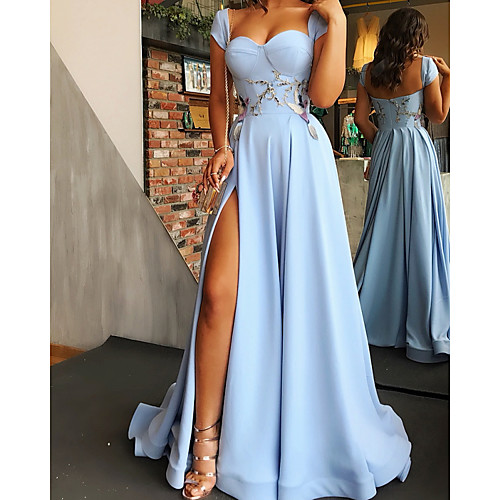 

A-Line Elegant Floral Engagement Prom Dress Scoop Neck Sleeveless Sweep / Brush Train Satin with Split Appliques 2021