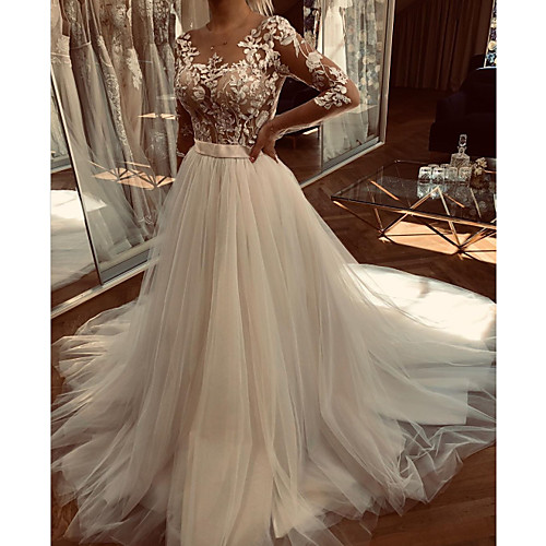 

A-Line Wedding Dresses Jewel Neck Sweep / Brush Train Lace Tulle Long Sleeve Sexy See-Through with Sashes / Ribbons Embroidery 2020