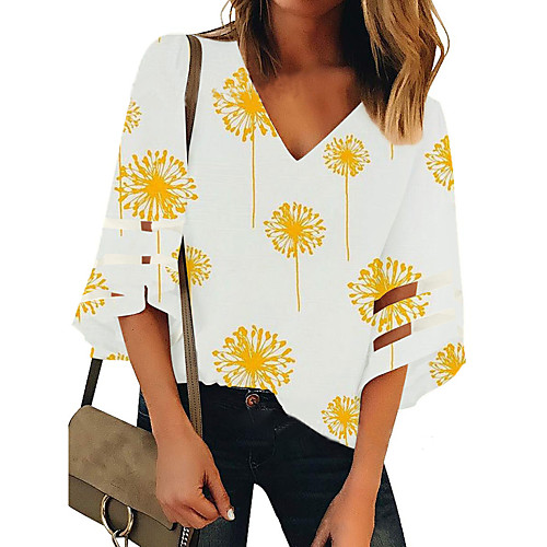 

Women's Tops Floral T-shirt - Print V Neck Loose Daily Yellow S M L XL 2XL 3XL