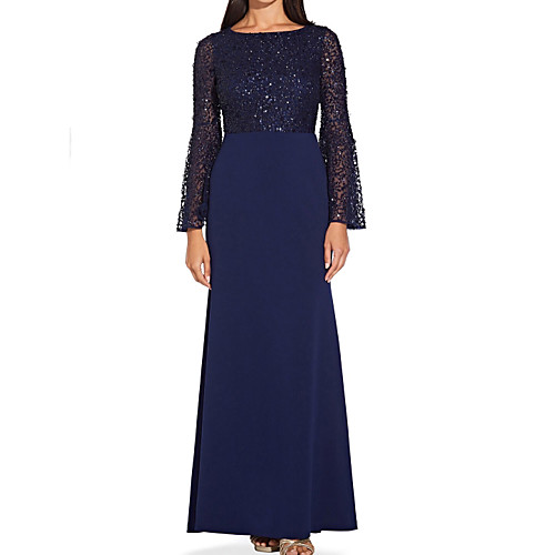 

Sheath / Column Mother of the Bride Dress Elegant Jewel Neck Floor Length Chiffon Lace Long Sleeve with Pleats Sequin Appliques 2020