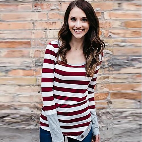 

Women's T-shirt Striped Tops - Patchwork Round Neck Loose Basic Daily Spring Fall Red S M L XL