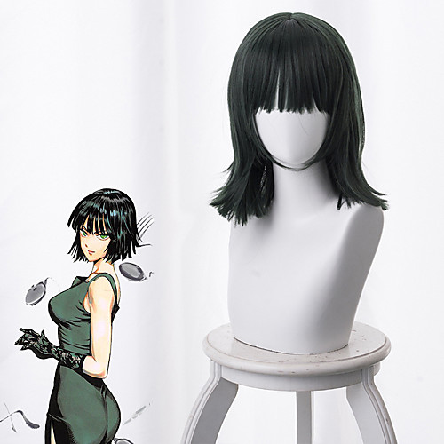 

ONE PUNCH-MAN Fubuki Cosplay Wigs Women's Neat Bang 17 inch Heat Resistant Fiber kinky Straight Green Dark Green Anime