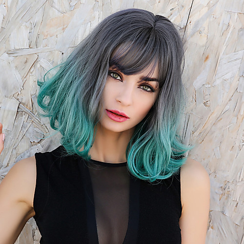 

Ombre Hair Weaves / Hair Bulk Synthetic Wig Bangs Curly Side Part Neat Bang With Bangs Wig Medium Length Ombre Green Synthetic Hair 14 inch Women's Cosplay Women Synthetic Green Ombre HAIR CUBE