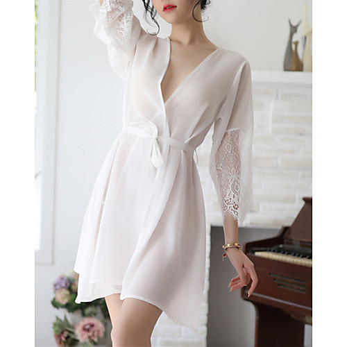 

Women's Lace Super Sexy Robes Suits Nightwear Jacquard Solid Colored White S M L / V Neck