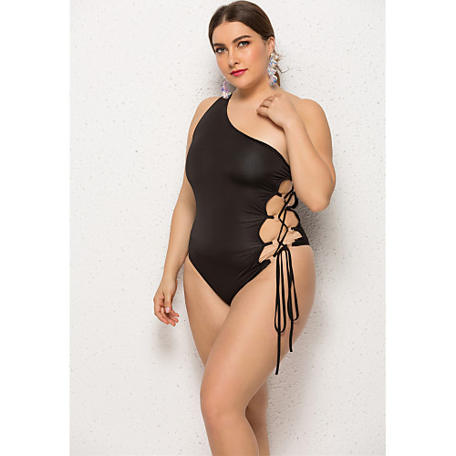 

Women's Basic Black One-piece Swimwear Swimsuit - Solid Colored Backless Lace up XXL XXXL XXXXL Black