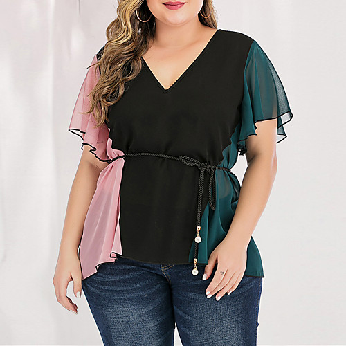

Women's Plus Size Color Block Patchwork Blouse Elegant Vintage Daily Going out V Neck Green