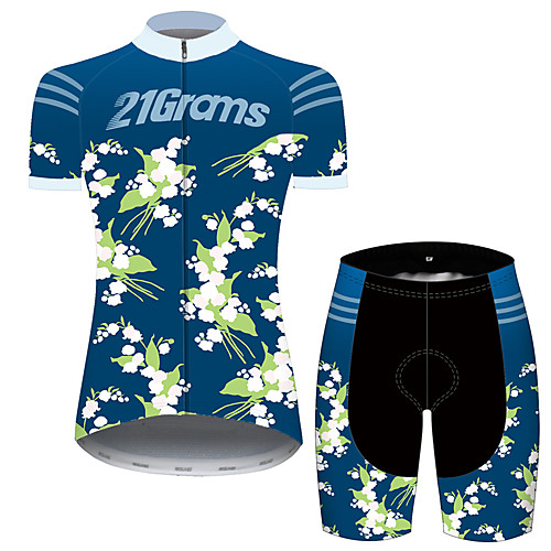 

21Grams Women's Short Sleeve Cycling Jersey with Shorts Blue Floral Botanical Bike Clothing Suit Breathable 3D Pad Quick Dry Ultraviolet Resistant Reflective Strips Sports Patterned Mountain Bike MTB