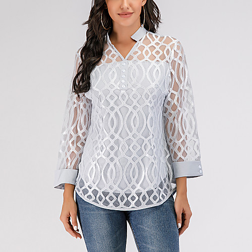 

Women's Solid Colored Geometry Lace Blouse Causal V Neck Gray