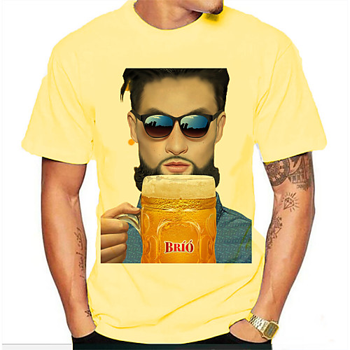 

Men's T shirt Graphic Portrait Beer Print Short Sleeve Daily Tops Basic Yellow