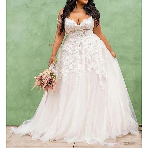 

A-Line Wedding Dresses V Neck Spaghetti Strap Sweep / Brush Train Lace Tulle Sleeveless Country Plus Size with Embroidery 2020