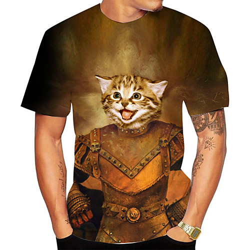 

Men's Plus Size 3D Animal Cat T-shirt Basic Daily Going out Round Neck Brown / Short Sleeve