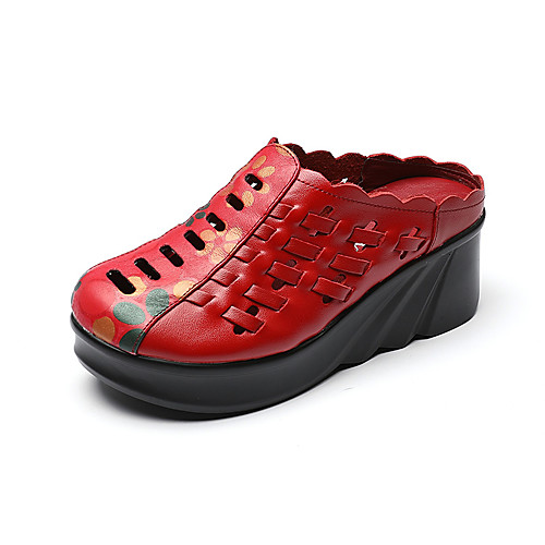 

Women's Sandals 2020 Summer Wedge Heel Round Toe Vintage Chinoiserie Daily Outdoor Buckle Leather / Nappa Leather Walking Shoes Dark Red / Black