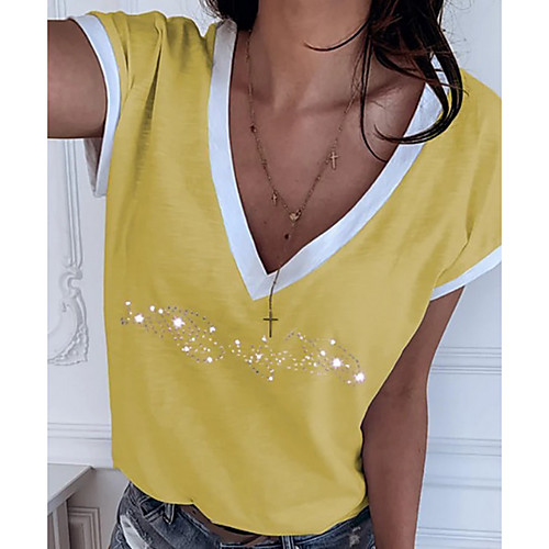 

Women's T shirt Graphic Stars Print V Neck Tops Cotton Basic Basic Top White Black Yellow