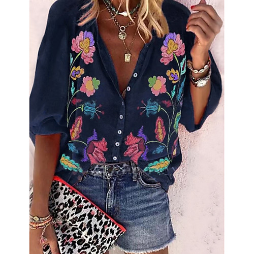 

Women's Floral Vintage Style Shirt Boho Vintage Daily Shirt Collar Blue