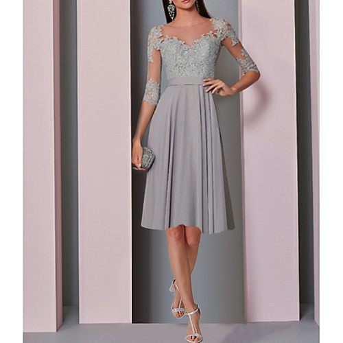 

A-Line Elegant Grey Party Wear Cocktail Party Dress Illusion Neck Half Sleeve Knee Length Chiffon with Pleats Lace Insert 2020