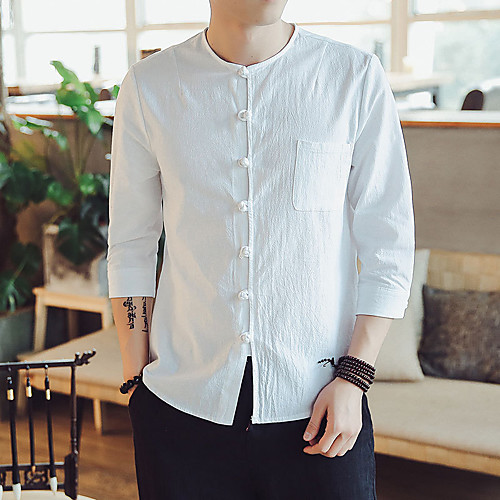 

Men's Solid Colored Slim Shirt - Linen Basic Chinoiserie Party Daily Round Neck White / Navy Blue