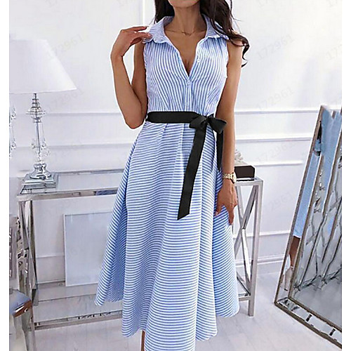 

Women's Shirt Dress - Sleeveless Striped Summer V Neck Street chic 2020 Blue S M L XL