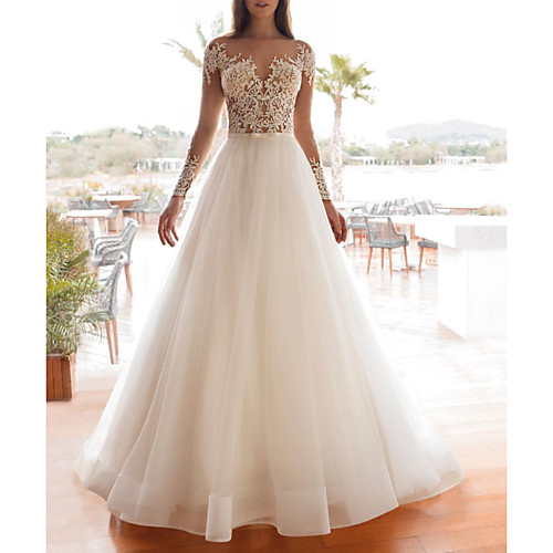 

A-Line Wedding Dresses Jewel Neck Sweep / Brush Train Lace Tulle Long Sleeve Country Sexy See-Through with Sashes / Ribbons Embroidery 2020