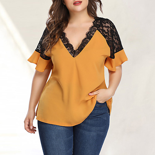 

Women's Blouse Solid Colored Plus Size Lace Short Sleeve Daily Tops Elegant Sexy Red Yellow Blushing Pink