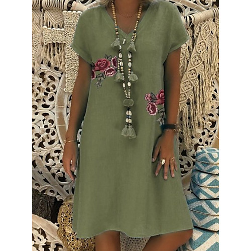 

Women's Shift Dress Knee Length Dress - Short Sleeves Print Summer Casual Vintage 2020 Black Blue Orange Khaki Green S M L XL XXL