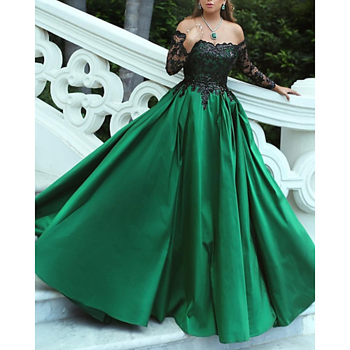 

Ball Gown Luxurious Quinceanera Prom Dress Off Shoulder Long Sleeve Sweep / Brush Train Stretch Satin with Pleats Appliques 2021