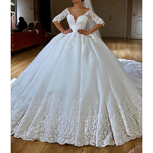 

Ball Gown Wedding Dresses V Neck Chapel Train Lace Chiffon Over Satin Half Sleeve Formal Sexy with Embroidery Appliques 2021