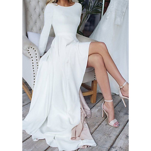 

A-Line Wedding Dresses Jewel Neck Sweep / Brush Train Chiffon Over Satin Long Sleeve Simple Modern with Split Front 2020