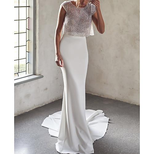 

Two Piece Mermaid / Trumpet Wedding Dresses Jewel Neck Court Train Tulle Sequined Chiffon Over Satin Cap Sleeve Sexy See-Through with Draping 2020