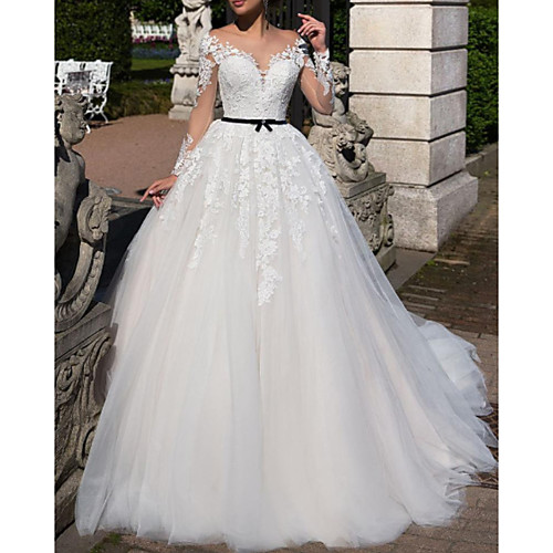 

A-Line Wedding Dresses Off Shoulder Tea Length Tulle Short Sleeve Vintage Sexy Wedding Dress in Color See-Through with Sashes / Ribbons Embroidery Appliques 2020