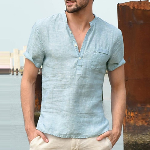 Men's shirt Solid Colored Classic Pocket Short Sleeve Party Regular Fit Tops Cotton Party Stylish Modern Style Basic V Neck Gray Green White Streetwear / Daily / Work