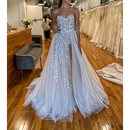 

A-Line Wedding Dresses Strapless Sweep / Brush Train Lace Tulle Sleeveless Sexy See-Through with Embroidery Split Front 2020