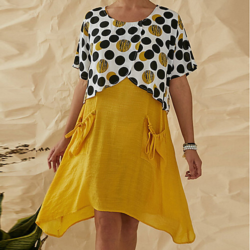 

Women's Sheath Dress - Short Sleeves Polka Dot Summer Elegant 2020 Yellow S M L XL