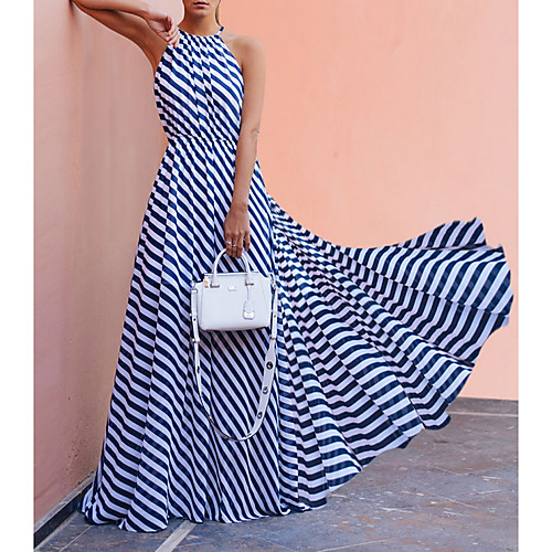

Women's Maxi Shirt Dress - Sleeveless Striped Summer Strap Elegant Sexy 2020 Black Blue Red Green S M L XL XXL / Cotton