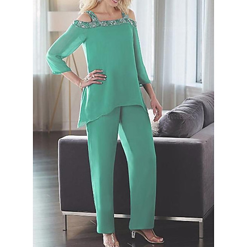 

Pantsuit / Jumpsuit Mother of the Bride Dress Elegant Off Shoulder Floor Length Chiffon 3/4 Length Sleeve with Beading 2021