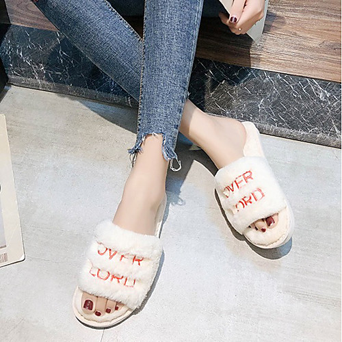 

Women's Slippers & Flip-Flops Fuzzy Slippers Fall / Winter Flat Heel Open Toe Daily Faux Fur Black / Pink / Beige