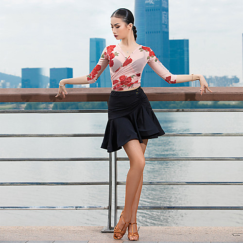

Latin Dance Top Pattern / Print Ruching Women's Performance 3/4 Length Sleeve Tulle