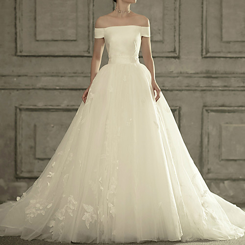 

Ball Gown Wedding Dresses Off Shoulder Court Train Satin Tulle Short Sleeve Formal Elegant with Appliques 2021