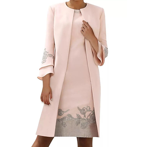 

Sheath / Column Mother of the Bride Dress Elegant Jewel Neck Knee Length Satin Long Sleeve with Embroidery 2020