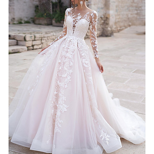 

Ball Gown A-Line Wedding Dresses Jewel Neck Sweep / Brush Train Lace Tulle Long Sleeve Formal Sexy See-Through with Embroidery Appliques 2020