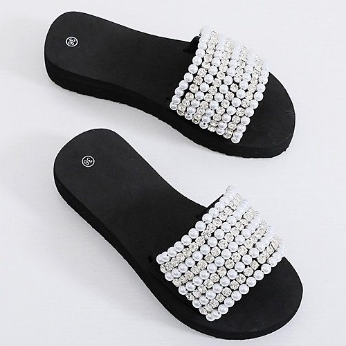 

Women's Slippers & Flip-Flops 2020 Summer Flat Heel Open Toe Casual Sweet Daily Home Imitation Pearl / Sparkling Glitter Solid Colored EVA(ethylene-vinyl acetate copolymer) Walking Shoes Black