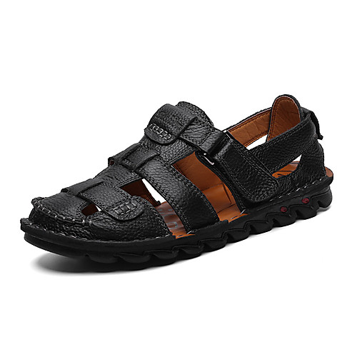 

Men's Summer Casual Daily Sandals Walking Shoes Cowhide Breathable Black / Brown