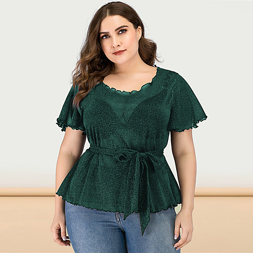 

Women's Plus Size Solid Colored Lace Sequins Mesh Blouse Sexy Street chic Party Going out Blue / Blushing Pink / Green