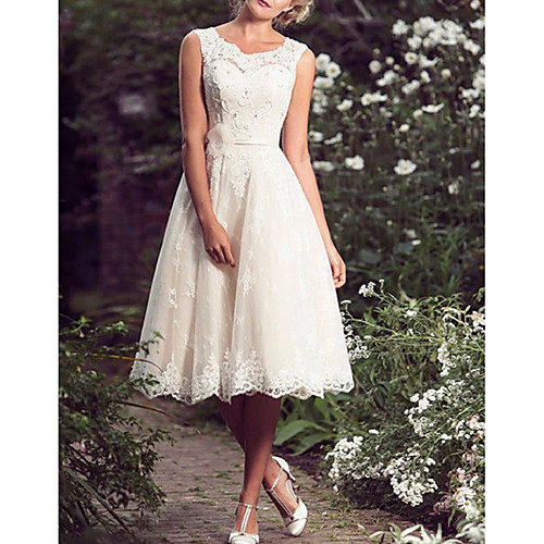 

A-Line Wedding Dresses Jewel Neck Tea Length Lace Tulle Sleeveless Vintage Sexy Wedding Dress in Color with Sashes / Ribbons Bow(s) Embroidery 2020