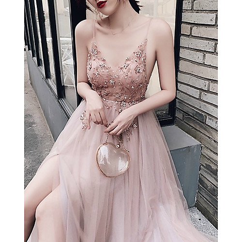 

A-Line Luxurious Pink Wedding Guest Prom Dress V Neck Sleeveless Sweep / Brush Train Tulle with Beading Split 2020