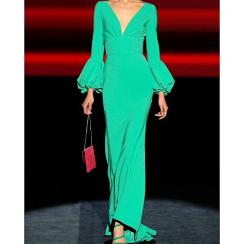 

Mermaid / Trumpet Beautiful Back Green Engagement Formal Evening Dress V Neck Long Sleeve Floor Length Chiffon with Pleats 2020