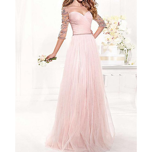 

A-Line Elegant Beautiful Back Engagement Formal Evening Dress Sweetheart Neckline 3/4 Length Sleeve Floor Length Tulle with Pleats Crystals 2020