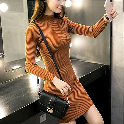 

Women's Sweater Dress Cotton Short Mini Dress - Long Sleeve Solid Color Fall Winter Casual Cotton Slim 2020 Wine White Black Khaki Green Gray One-Size