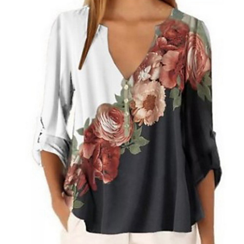 

Women's Blouse Floral Tops V Neck Loose Daily Wine White Purple Yellow Gray S M L XL 2XL 3XL 4XL 5XL